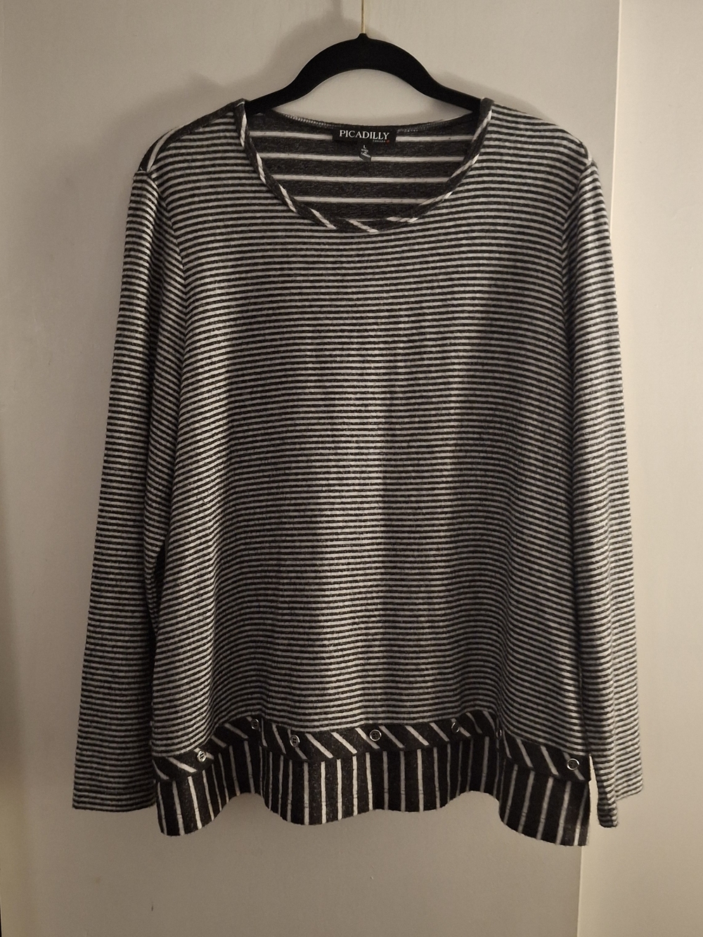 Picadilly Women's Black and White Striped Knit Sweater With Metal Button Detail